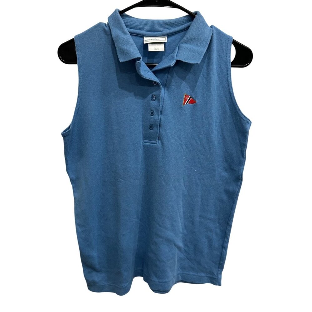 Sleeveless Blue Polo Shirt With Embroidered Flag Detail Outer Banks 100% Cotton